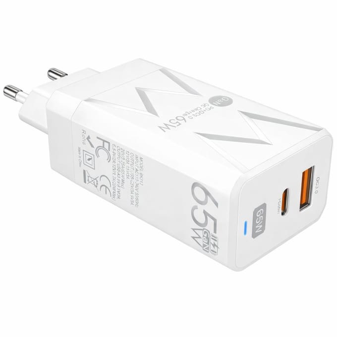 Gmedia 65W USB-C GaN Oplader – 2 Poorts Snellader – USB-C PD & USB-A QC 3.0 – Snellader - Universeel – Wit