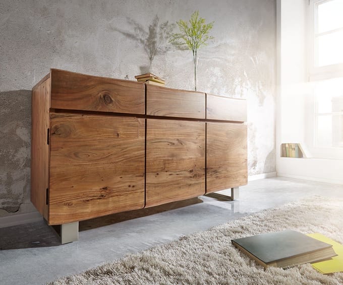 Ladekast Live-Edge acacia natuur 147 cm 3 deuren 3 laden dressoir