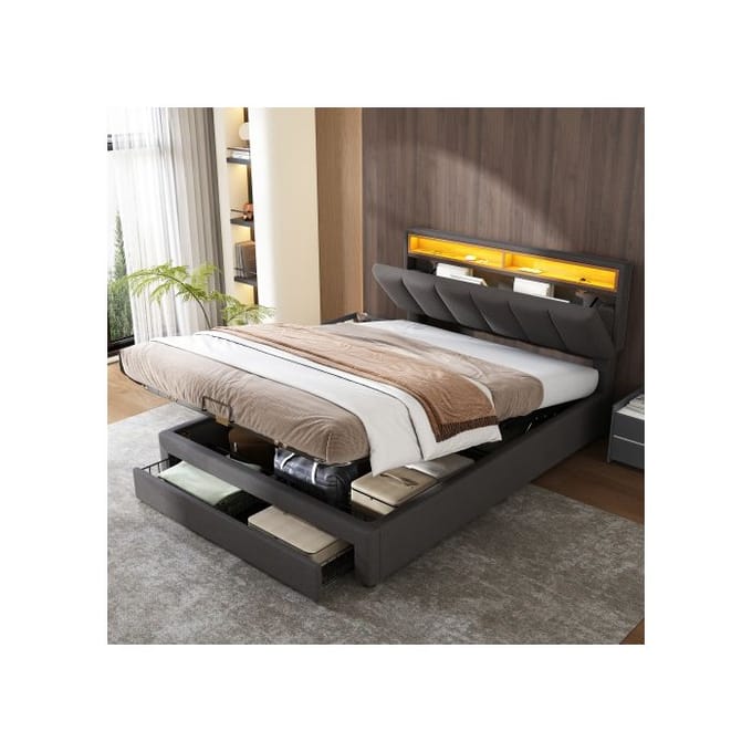 Lit rembourré avec éclairage LED, lit double avec ressorts et cadre en acier, lin, 140*200 cm, gris