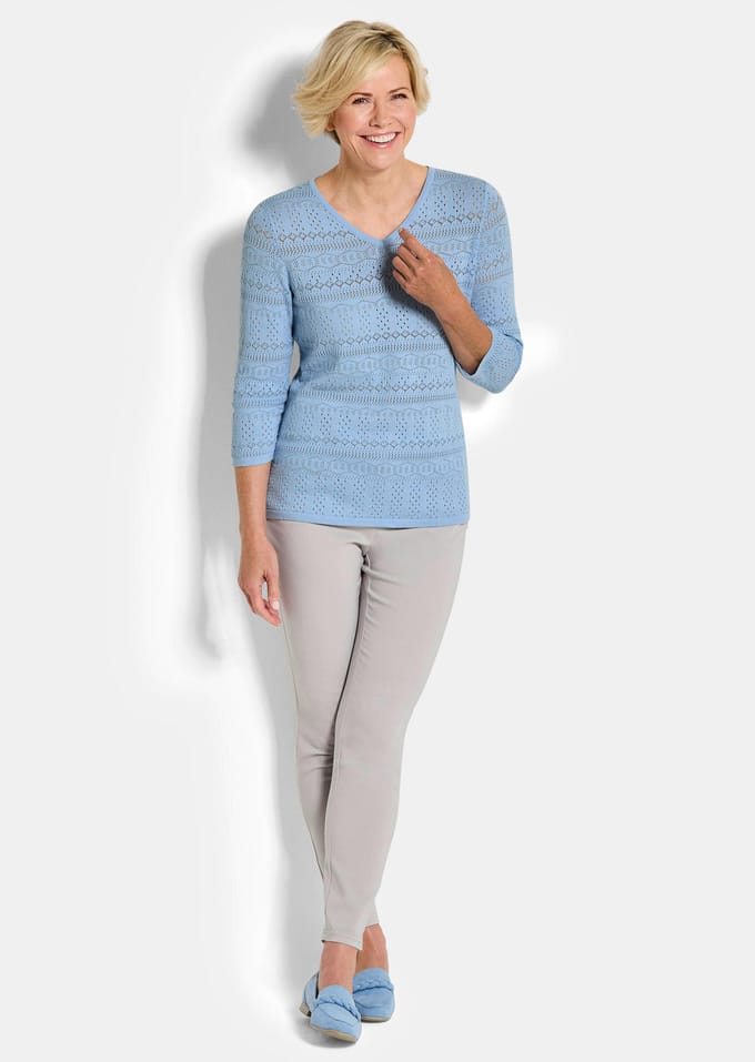 Lichte tricot pullover met ajourpatroon - lichtblauw - Gr. 54 van Goldner Fashion