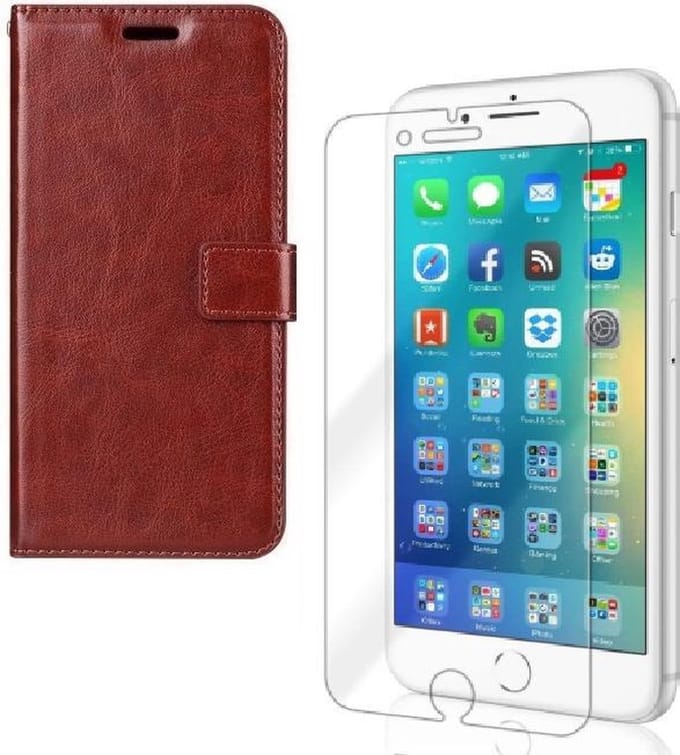 Bookcase Geschikt voor: iPhone 7 Plus / 8 Plus - Bruin - portemonee hoesje + 2X Tempered Glass Screenprotector