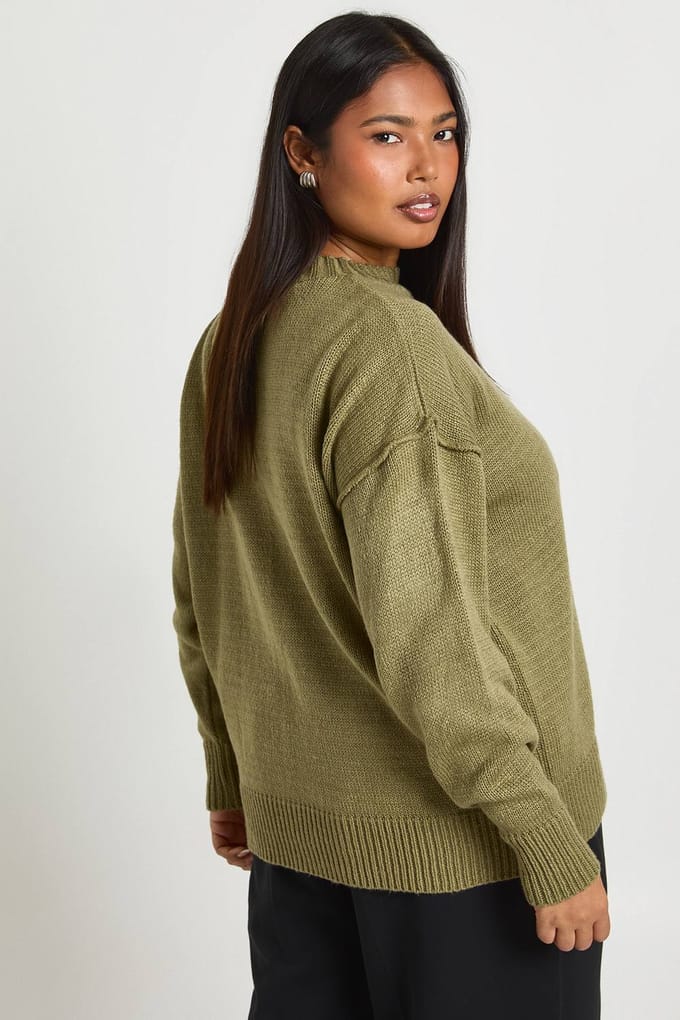boohoo Dames Plus Zichtbare Naad Gebreide Trui | Olive | Maat: 28
