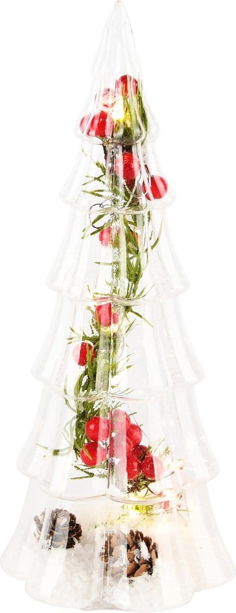 Dekoratief | Boompje m/bessen, transparant, glas, LED, 11x11x26cm | A245068