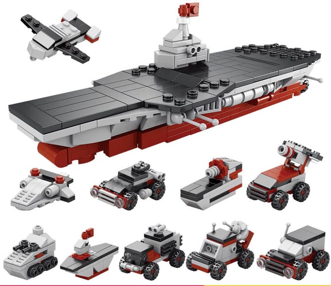 Ultiluxe® Bouwset Schip - 10 in 1 - Constructie speelgoed set - Bouwpakket voor Kinderen - Speelgoedboot - Oorlogsschip - Grijs/rood/zwart