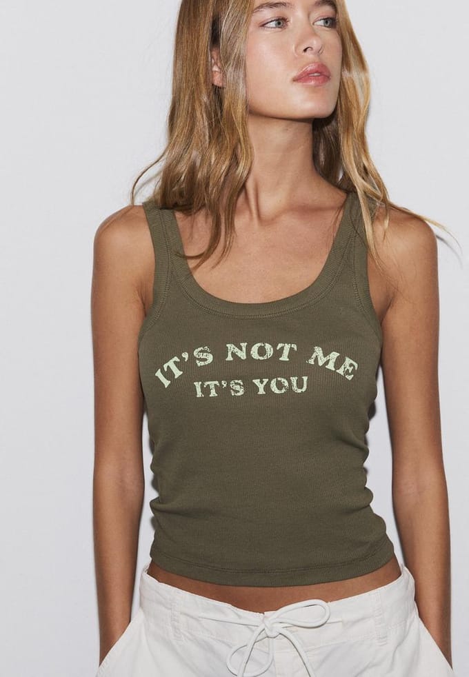 Stradivarius Top met racerback en tekst  Kaki S