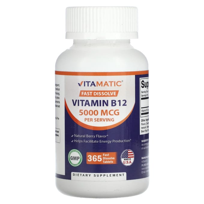 Vitamatic, vitamine B12, baie naturelle, 5 000 mcg, 365 comprimés à dissolution rapide (2 500 mcg par comprimé)