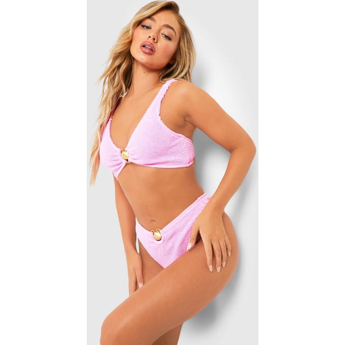 boohoo Dames Shell Trim Crinkle High Waist Bikini Brief | Roze | Maat: 34
