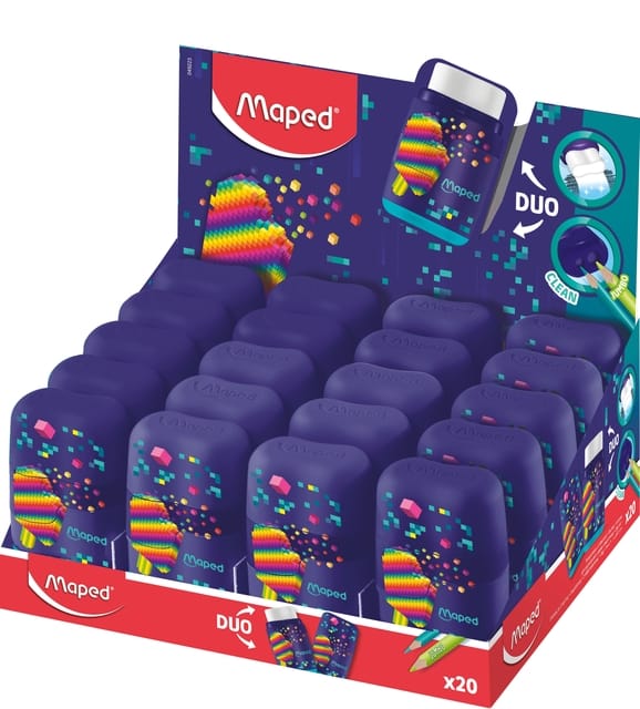 Maped Pixel Party Connect 2-Loch-Bleistiftspitzer mit Radiergummi-Display, 20 Stück