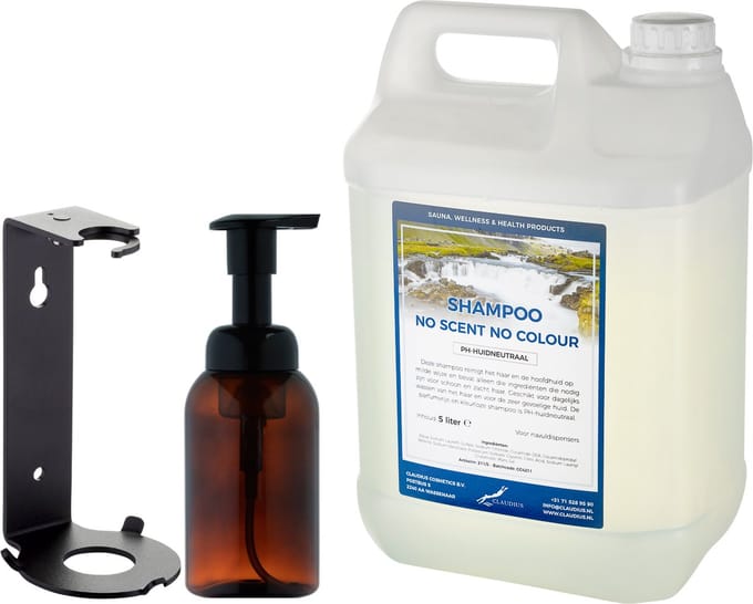 Zeepdispenser 300 ml amber bruin hervulbaar + 5 liter Shampoo No Scent No Colour navulling (inclusief beugel)