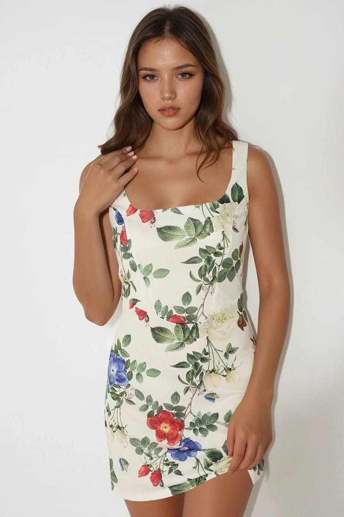 Bodycon Mini-jurk met Vierkante Kraag en Bloemenprint