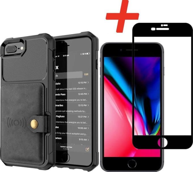 Backcover geschikt voor Apple iPhone 7 Plus / 8 Plus - Zwart - 3 in 1 pasjeshouder - met Glazen Screenprotector