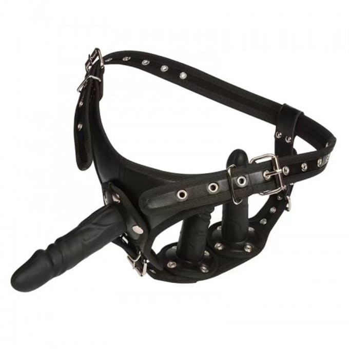 Nooitmeersaai - Strap-on dildo met drie dildos - Siliconen - Zwart - 18, 13 en 10 cm