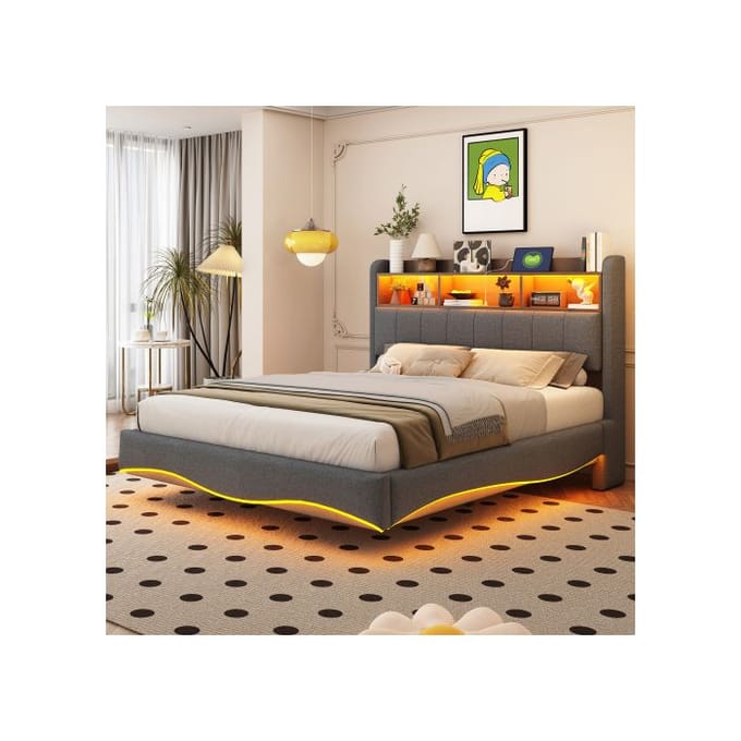 Lit mural - MUVOE - 140x200 - Tissu lin gris - Rangement avec éclairage LED - Ports USB et Type-C gris