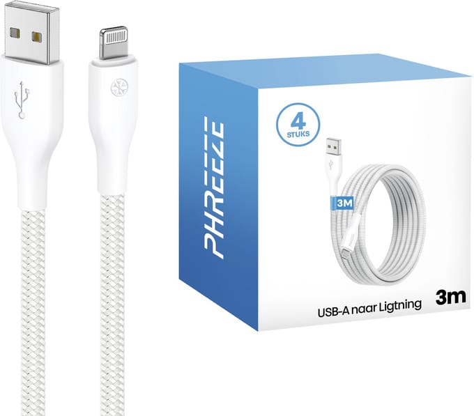 4x lange usb kabel geschikt voor iPhone (Lightning) - 3 meter - Oplaadkabel - Wit
