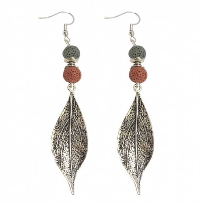 Oorbellen Blad- Lava grijs-rood- Zilver -Charme Bijoux