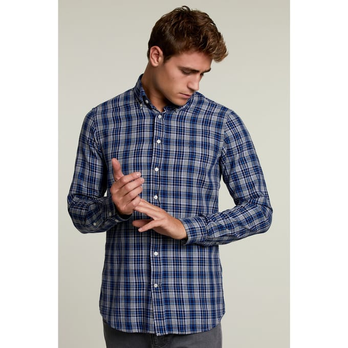 River Woods Custom Fit Checked Shirt Blue/grey Maat: S | Casual Overhemden Outlet | Heren | Blauw
