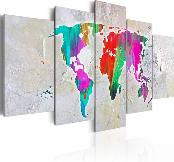 Schilderij - Onze planeet , wereldkaart , multi kleur , 5 luik