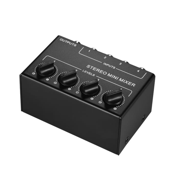 Mini-stereo-audiomixer met 4-kanaals RCA-ingangen en aparte volumeregelaars zwart