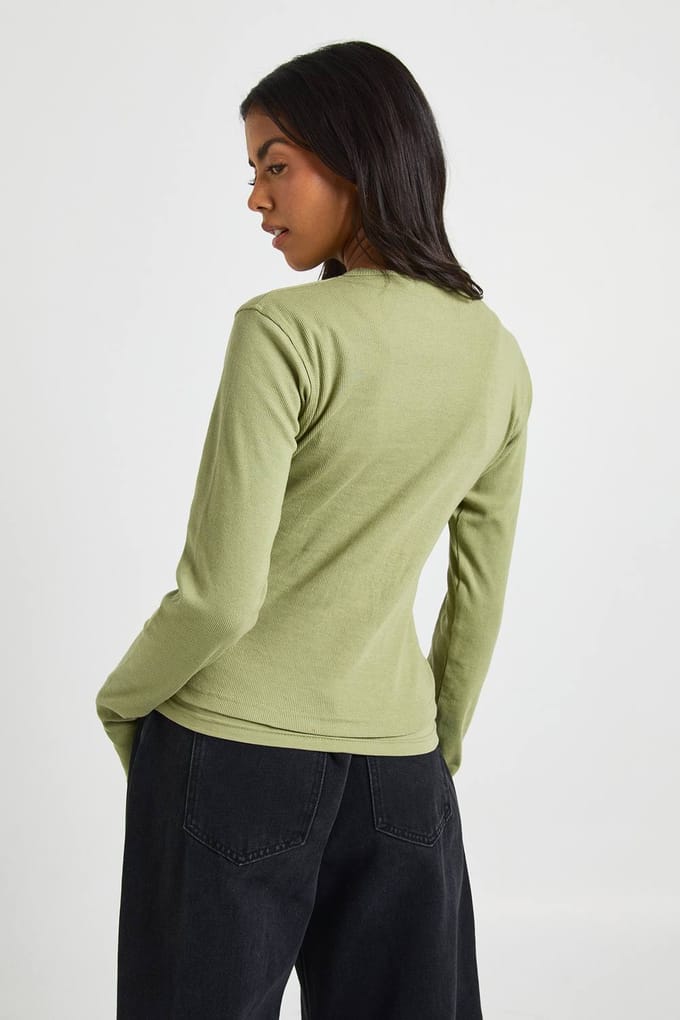 boohoo Dames Geribbelde Dubbele Laag Doorknoop Top | Olive | Maat: 6