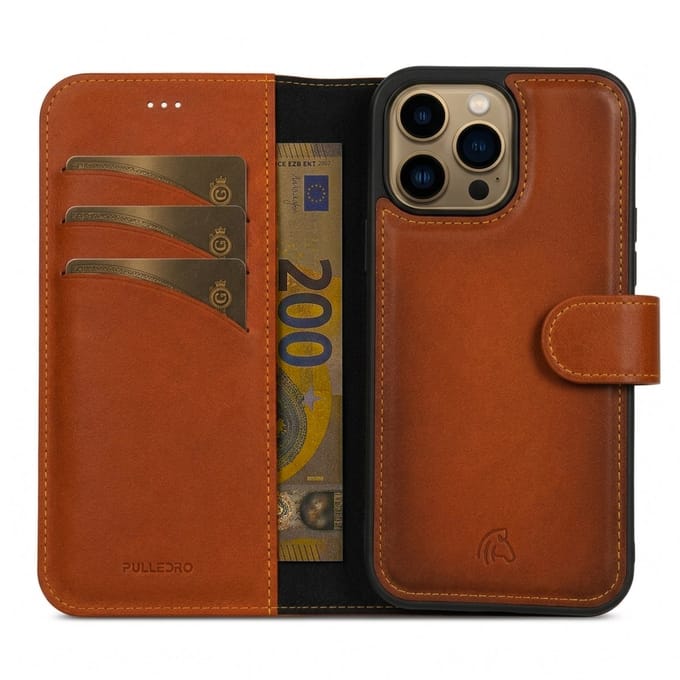 Pulledro geschikt voor iPhone 16 Pro Uitneembare Lederen BookCase - MagSafe - RFID - Burned Cognac