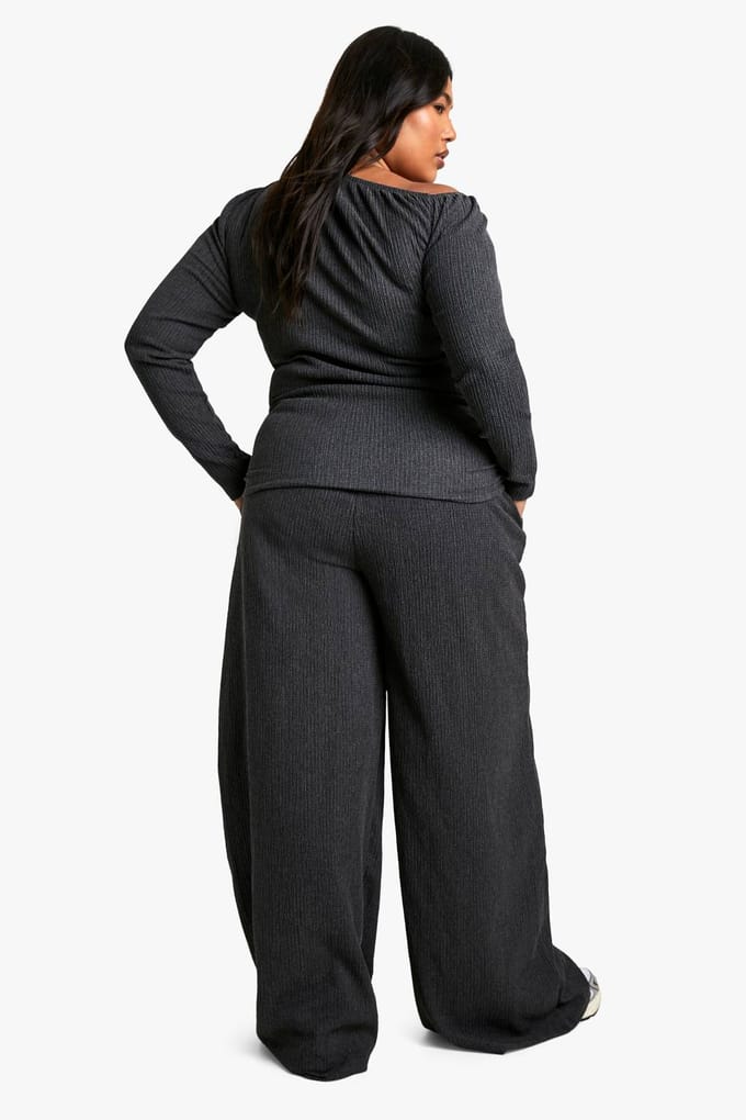 boohoo Dames PLUS GETEXTUREERDE BROEK MET TREKKOORDTAILLE | Charcoal | Maat: 18