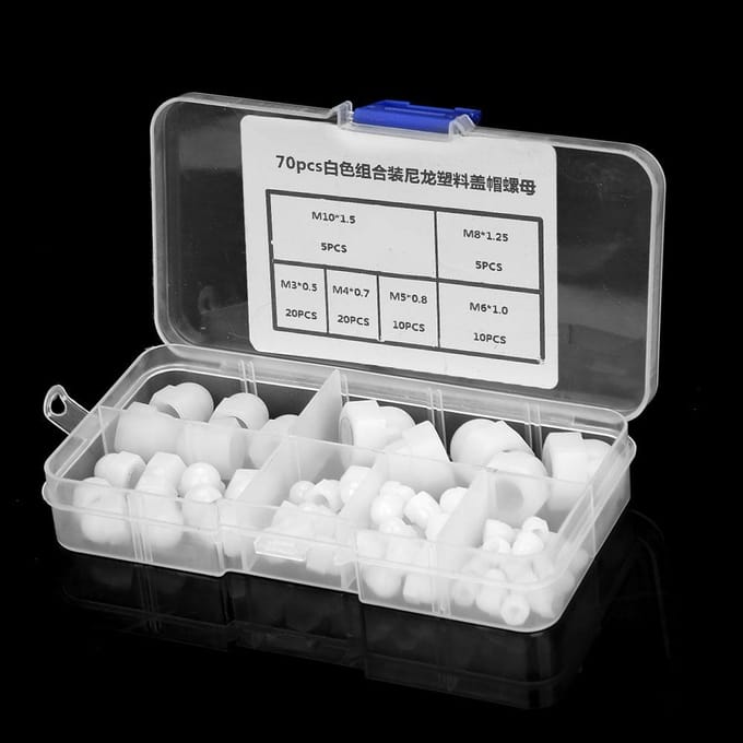70 stuks M3M4M5M6M8M10 Nylon Zeskantmoeren Kit Koepelkop Dop Zeskantmoeren (Wit)