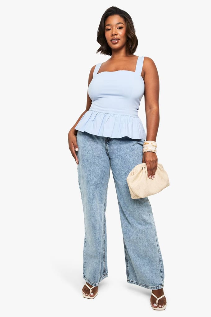boohoo Dames Plus bengaline peplum top | Poederblauw | Maat: 48