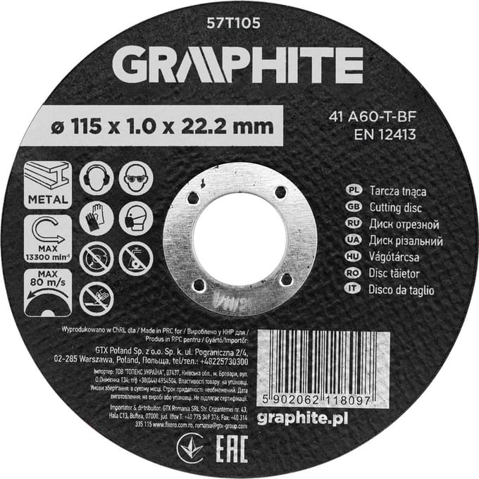 Graphite - Korund Snijschijf - 115x1.0x22.2 mm - Metaal - 41 A60-T-BF