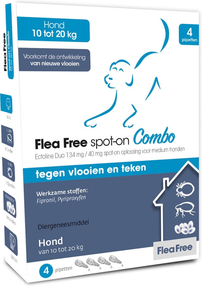 Flea Free Spot-On Combo Hond Medium - Anti vlooien en tekenmiddel - 4 pip 10-20 Kg
