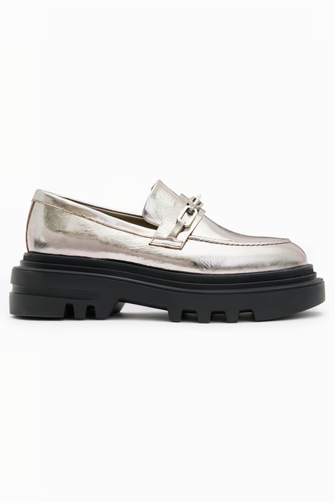 AllSaints Alexia Chain Loafer Gunmetal Grey Maat: 39 | Instappers Outlet | Dames | Grijs