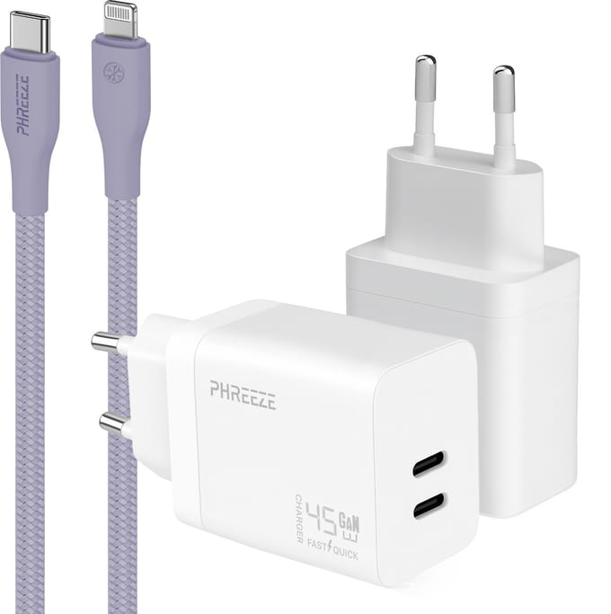 Phreeze usb C adapter geschikt voor iPhone en iPad met Lightning kabel paars - Snellader met kabel