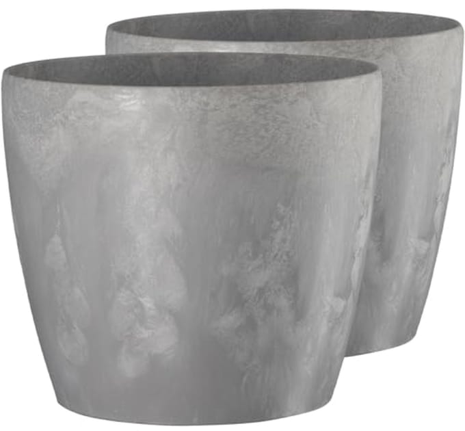 Set van 2 moderne ronde kunststof bloempotten in beton (diameter 15,5 cm)