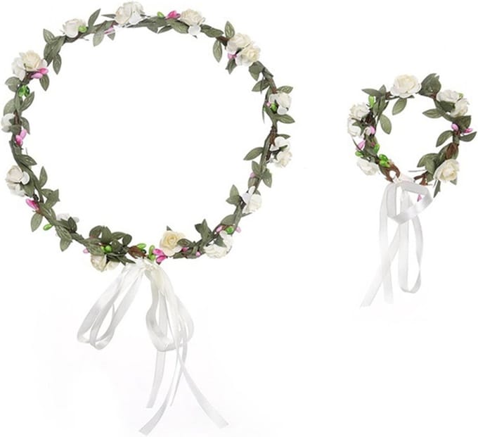 Verstelbare Bloemenkrans voor Bruiloft en Feest - Haaraccessoire met Bijpassende Armband