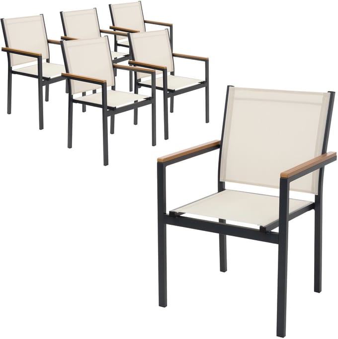 ML-Design tuinstoel set van 6 houtlook beige textiel tuinmeubel outdoor terras stoelen met armleuningen stevig aluminium frame weerbestendig en stapelbaar comfort relax fauteuil ideale balkon tuinstoelen voor tuin terras en buitenruimte