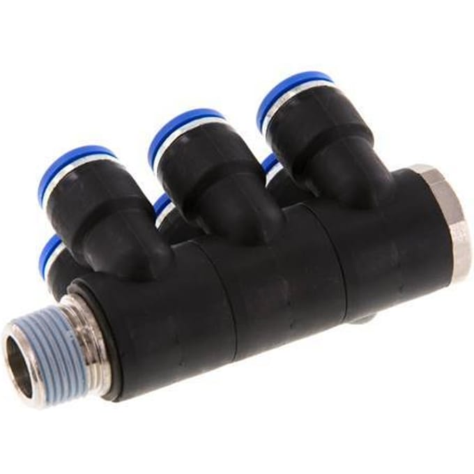 10mm x R3/8'' 6-way Manifold Messing/PA 66 Insteekfitting Buitendraad Draaibaar NBR