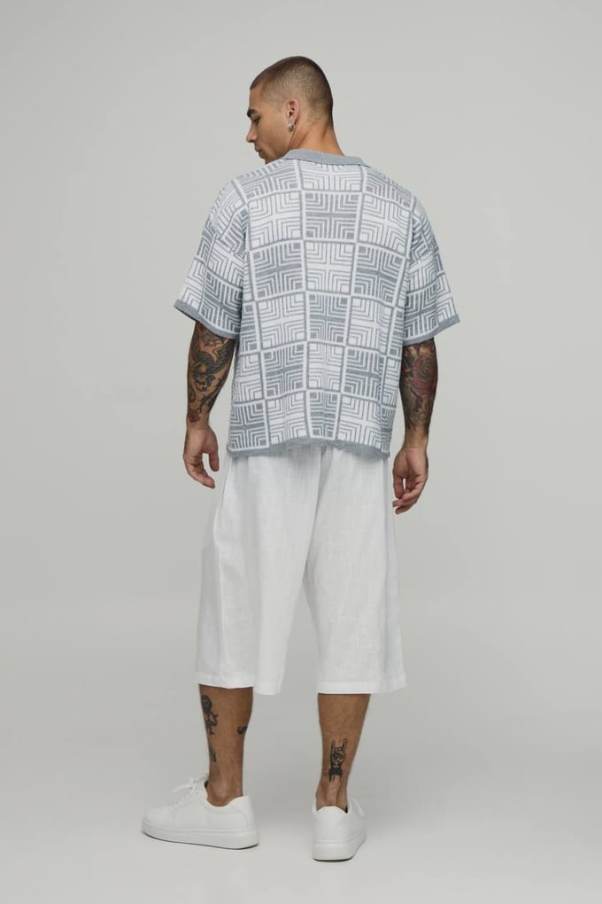 Boxy Fit Square Tapestry Button Up Knitted Shirt | Grey | Size Medium