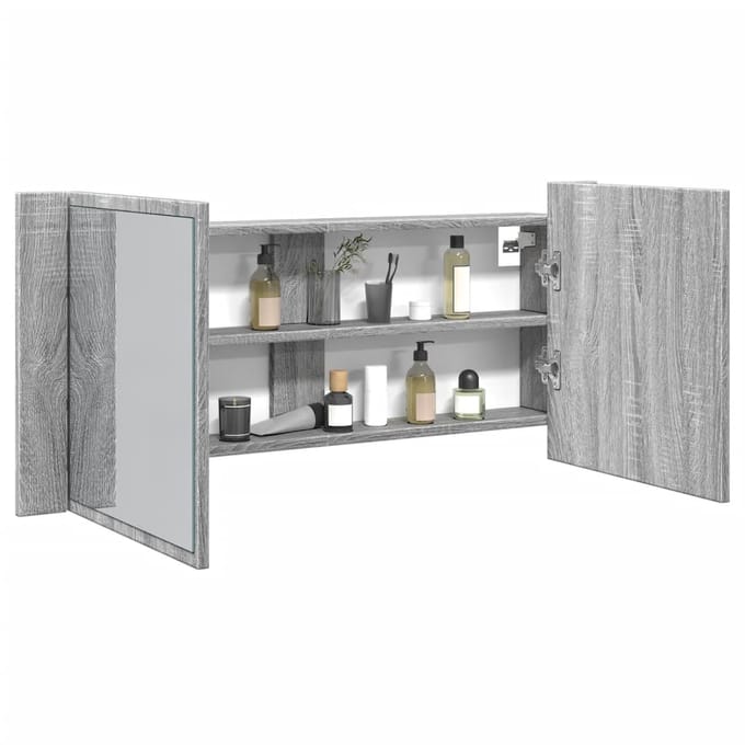 vidaXL - Badkamerkast - met - spiegel - en - LED - 100x12x45 - cm - grijs - sonoma - eiken