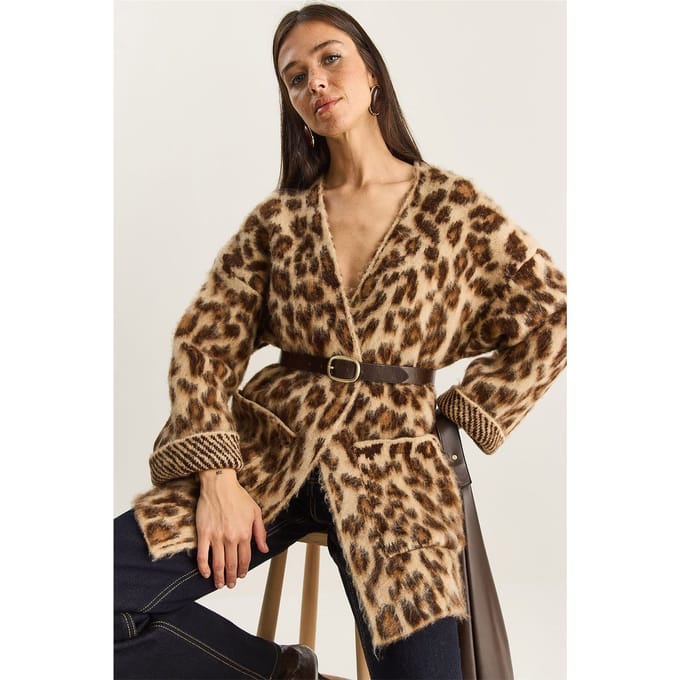 Oversized Lange Cardigan met Luipaardprint en Zakken