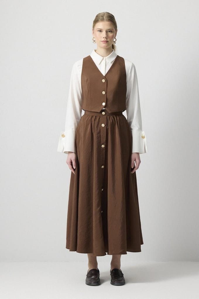 Touché Privé - Cupra set van gilet en rok - Donkerbruin - Dames