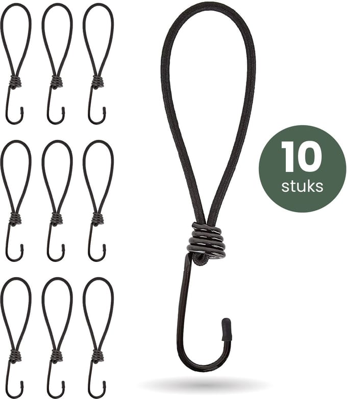 STACK® Spanelastiek met Haak - 10 Stuks - Zeilspanner & Spinhaak - Ideaal voor Afdek Zeil, Tent & Spandoeken - Spanrubbers Set - Spanner Elastiek Rekbaar tot 24 cm - Spanrekkers - Zwart