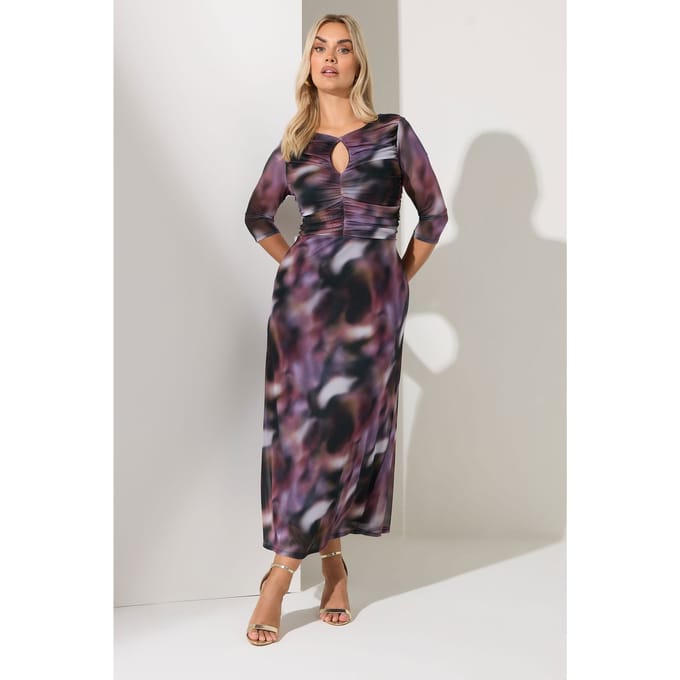 Yours London Paarse Mesh Maxijurk Met Wazige Print Size 42