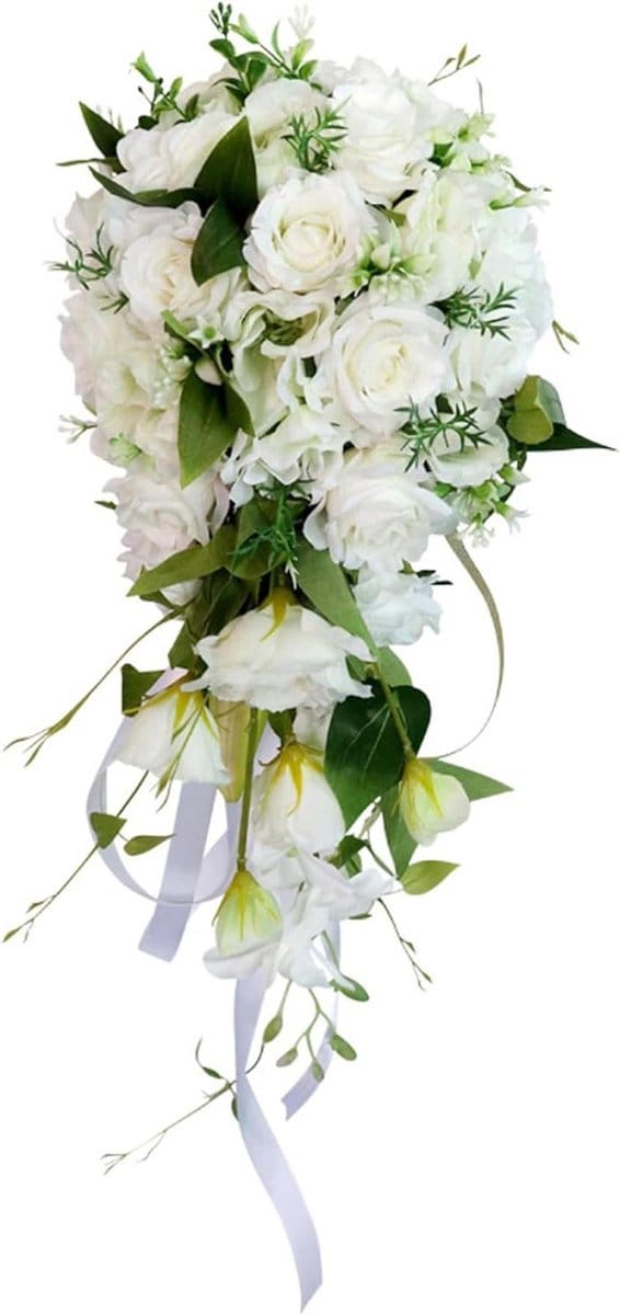 Bruidsboeket Druppel - Bruidsbloemen - Bruiloft - Zijden Rozen - 23x55cm - Wit Groen