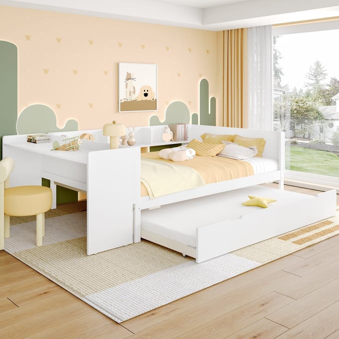 MODFU - Bedframe 140x200 cm – Wit grenenhout met bureau & uitschuifbed – 3 planken