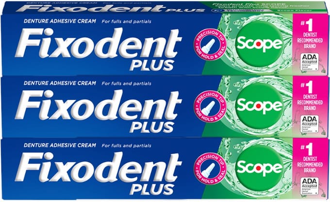 Fixodent Scope Plus - Hechtende Kunstgebitlijm - Sterk, Fris, 3-pack, 57 g