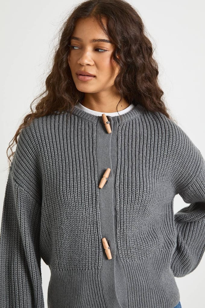boohoo Dames Cardigan met hoge kraag en toggle-knopen | Grey | Maat: Medium