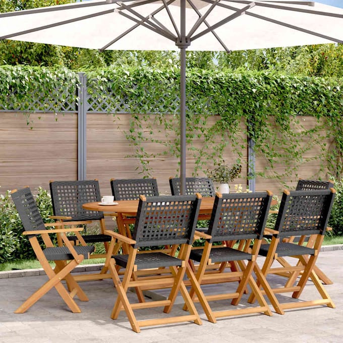 vidaXL - Opklapbare - stoelen, - 8 - stuks, - zwart, - van - polyrotan - en - massief - hout.