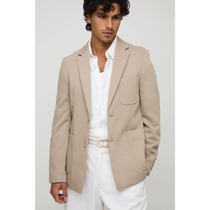 Slim Fit Single Breasted Twill Pocket Detail Blazer | Stone | Size 48