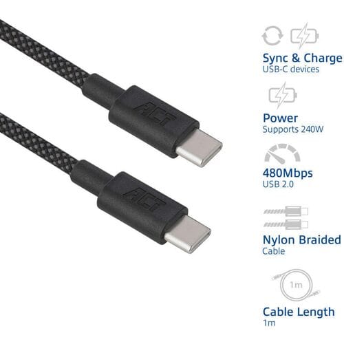 ACT USB 2.0 240W laad- en datakabel USB-C naar USB-C, zwart, 1 meter AC3086