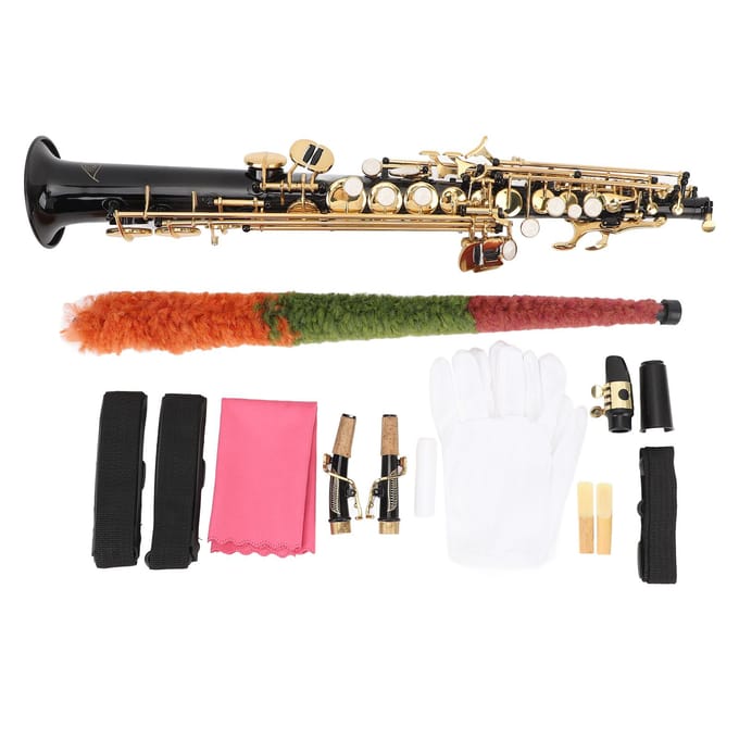 Bb Toets Saxofoon Kit Messing Rechte Sopraansaxofoon Blaasinstrument met Mondstuk en Dubbele Gebogen Hals beige