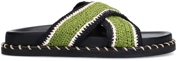 Sacha - Dames - Zwarte plateau slippers met groene bandjes - Maat 36